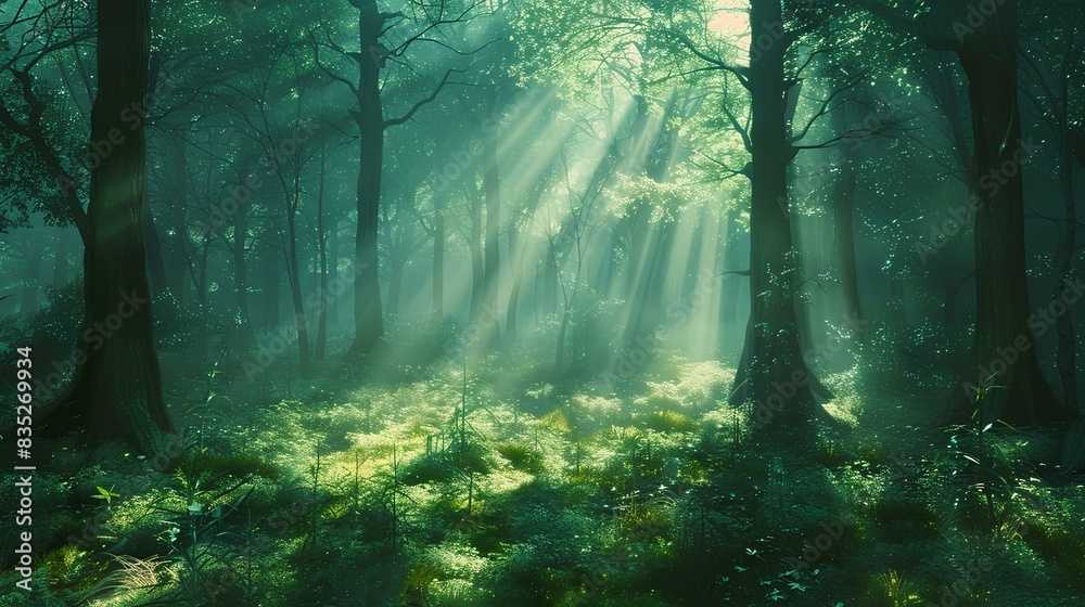 Obraz premium serene forest background, with sunlight filtering through the lush green canopy.