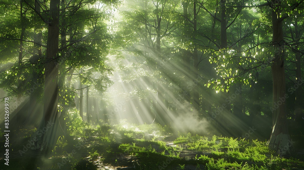 Fototapeta premium serene forest background, with sunlight filtering through the lush green canopy.