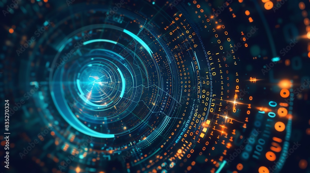 Futuristic digital data flow in a circular pattern with glowing particles and connections, showcasing advanced technology and innovation.