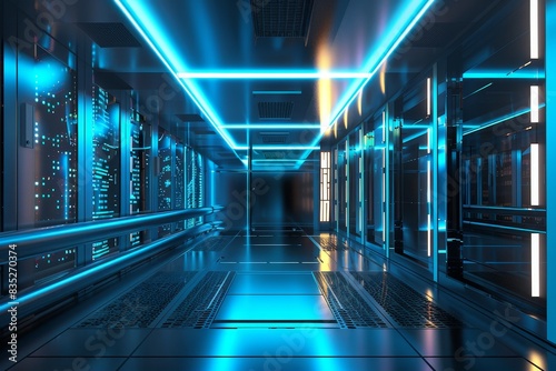 A futuristic AI server room with glowing lights  providing copy space on the right