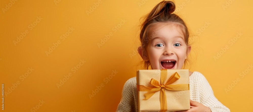 Excited young girl holding a gift box with a golden ribbon. Happy child receiving a present. Concept of celebrations, surprise, joy, and childhood excitement. Copy space Excited young girl holding a gift box with a golden ribbon. Happy child receiving a present. Concept of celebrations, surprise, joy, and childhood excitement. Copy space