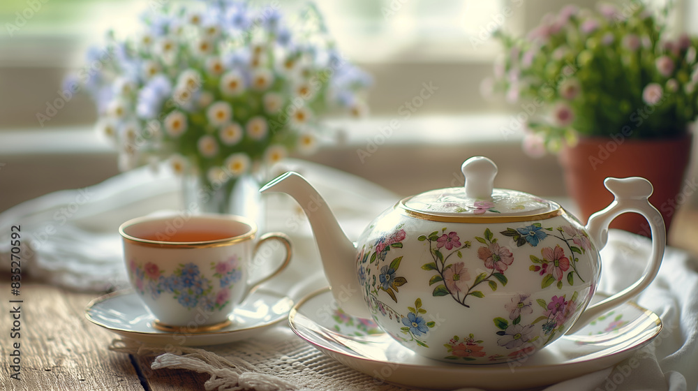 Teapot and Cup of tea table top creative background with copy space. Dried and fresh organic Ceylon tea leaves on a beautiful background. Teapot and Cup of tea table top creative background with copy space. Dried and fresh organic Ceylon tea leaves on a beautiful background.