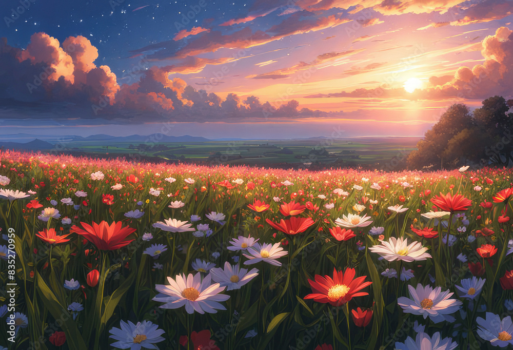Generative AI, Beautiful Niji Anime cinematic scenery of a beautiful flower field with a beautiful sky, beautiful meteor shower, cool niji anime landscape, stunning blooming Niji Anime flower scenery Generative AI, Beautiful Niji Anime cinematic scenery of a beautiful flower field with a beautiful sky, beautiful meteor shower, cool niji anime landscape, stunning blooming Niji Anime flower scenery