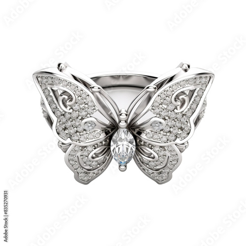 butterly shaped silver diamond ring isolated on white