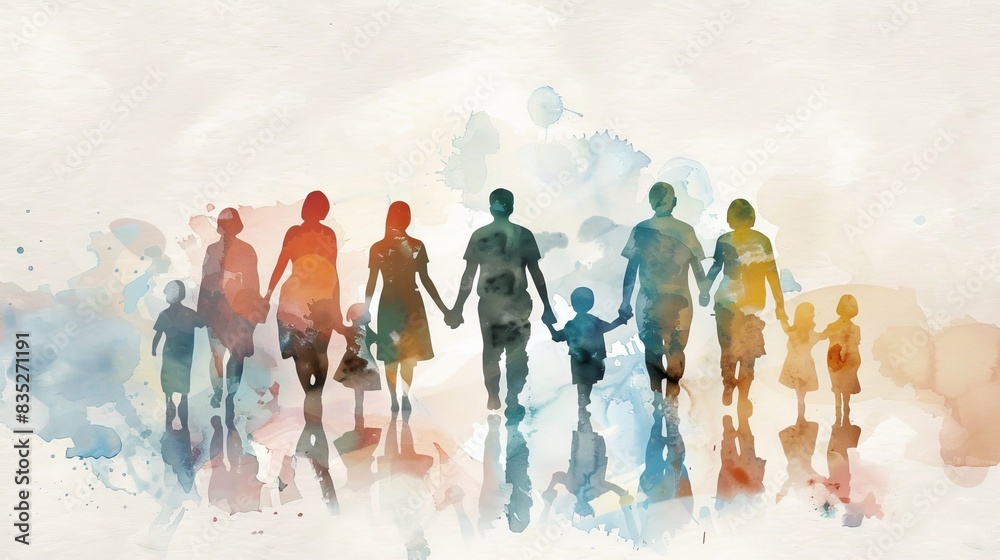 custom made wallpaper toronto digitalFamily holding hands watercolor silhouette. Colorful watercolor silhouette of a large family holding hands and walking together, symbolizing unity and love.
