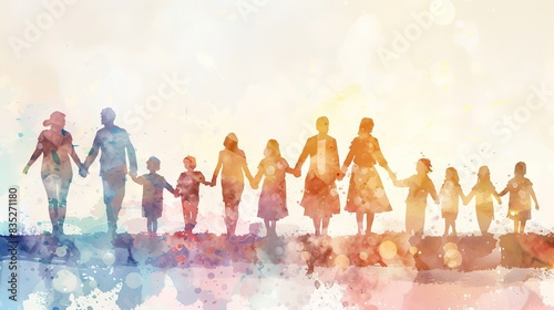 Wallpaper Mural Watercolor family holding hands. A large family walks together holding hands in this colorful watercolor illustration about togetherness and love. Torontodigital.ca