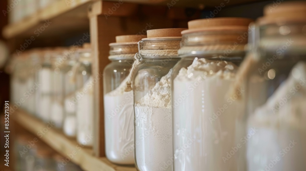 A shelf holding jars of homemade laundry detergent powder made with natural ingredients. A shelf holding jars of homemade laundry detergent powder made with natural ingredients.