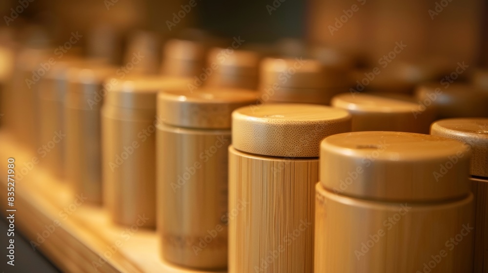 A row of bamboo containers filled with natural deodorants free of harsh chemicals and packaged in ecofriendly materials. A row of bamboo containers filled with natural deodorants free of harsh chemicals and packaged in ecofriendly materials.
