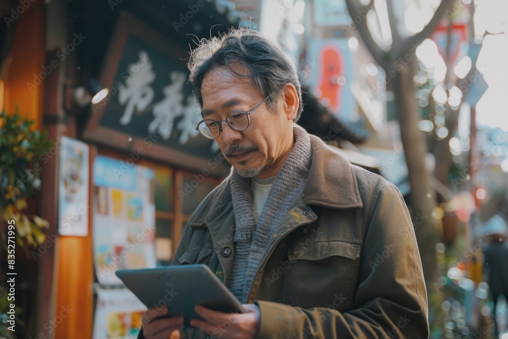 Handsome Asian man using digital tablet standing at the street . ai generated Handsome Asian man using digital tablet standing at the street . ai generated