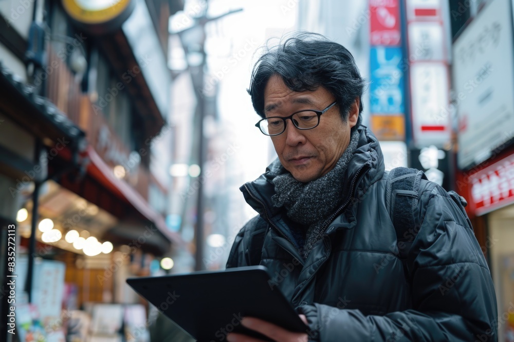 Handsome Asian man using digital tablet standing at the street . ai generated