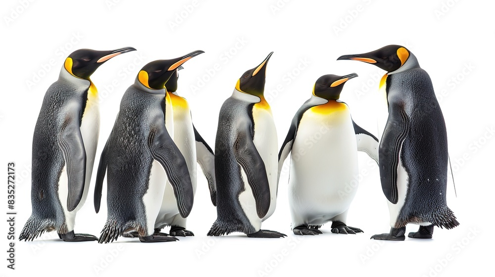 Fototapeta premium Eyecatching Panoramic view of three penguins on the stones in Antarctica