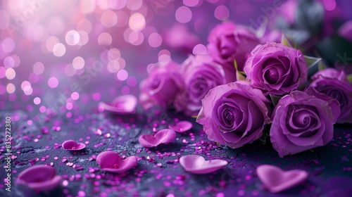 Fototapeta Naklejka Na Ścianę i Meble -  Purple roses and purple hearts on purple background with bokeh lights.