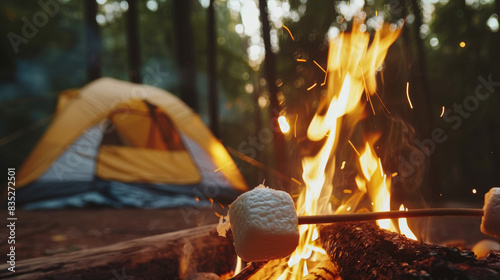Roasting marshmallow at campfire, background a tent in the woods photo