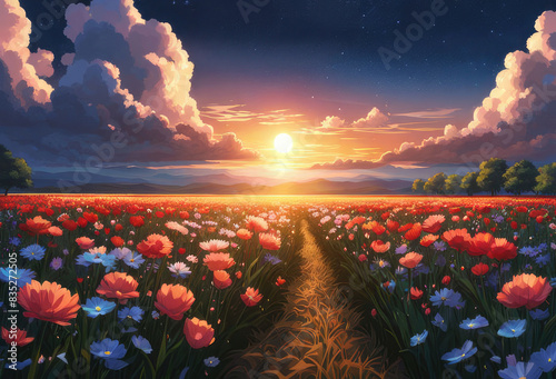 Generative AI, Beautiful Niji Anime cinematic scenery of a beautiful flower field with a beautiful sky, beautiful meteor shower, cool niji anime landscape, stunning blooming Niji Anime flower scenery photo