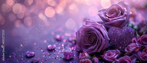 Fototapeta Naklejka Na Ścianę i Meble -  Purple roses and purple hearts on purple background with bokeh lights.