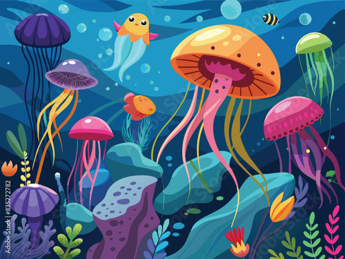Vibrant array of cartoon jellyfish swimming in a deep blue underwater scene-