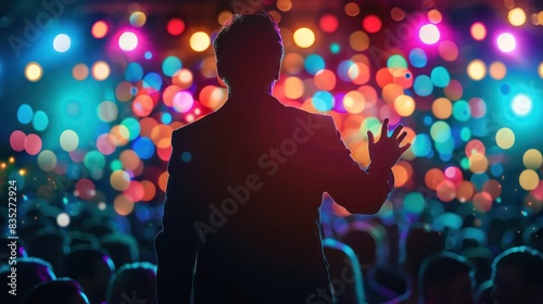 View from behind of a man performing on stage with a large audience, singer and stand up theme. photo