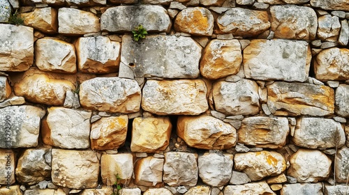 Close-up of a weathered stone wall with different sized and shaped rocks, some with yellow and gray patches.