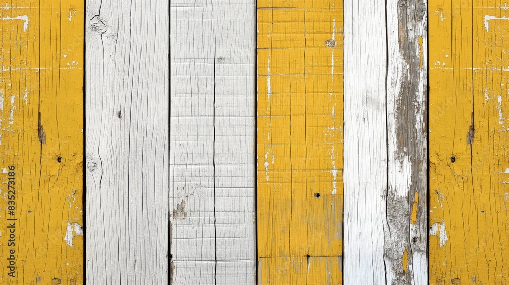 Close-up of weathered wooden planks painted in yellow and white, showing texture, cracks, and wear. Close-up of weathered wooden planks painted in yellow and white, showing texture, cracks, and wear.