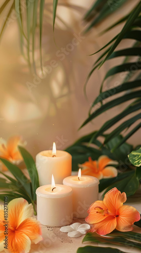 candles and tropical flowers on a blurred background of a spa salon  bokeh  blur  massage studio  beauty  wallpaper  exotic  palm leaves  nature  harmony  wellness  resort  sauna  light