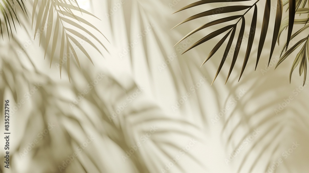Obraz premium Minimalist background with palm leaves casting soft shadows on a beige wall. Light and shadow interplay creates a serene, natural atmosphere.