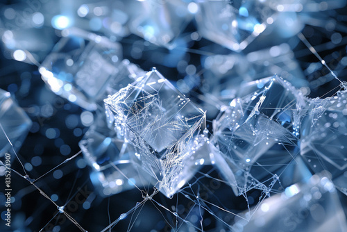 A lattice of digital ice crystals, each crystal shimmering with internal light and connected by web-like strands of code. 