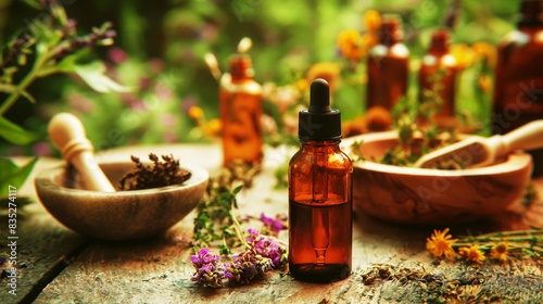 Amber dropper bottles, mortar and pestle with dried herbs, and fresh flowers on a wooden table in a natural, outdoor setting.