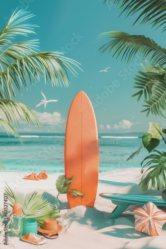 Playful beach holiday scene with essentials and surfboard