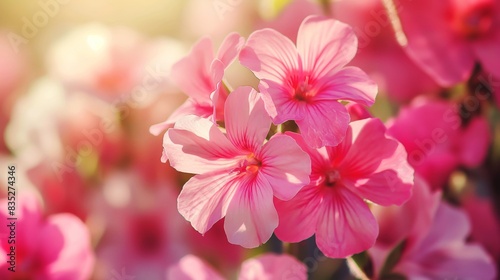 Close-up of vibrant pink flowers in full bloom with a soft, warm background highlighting the delicate petals.
