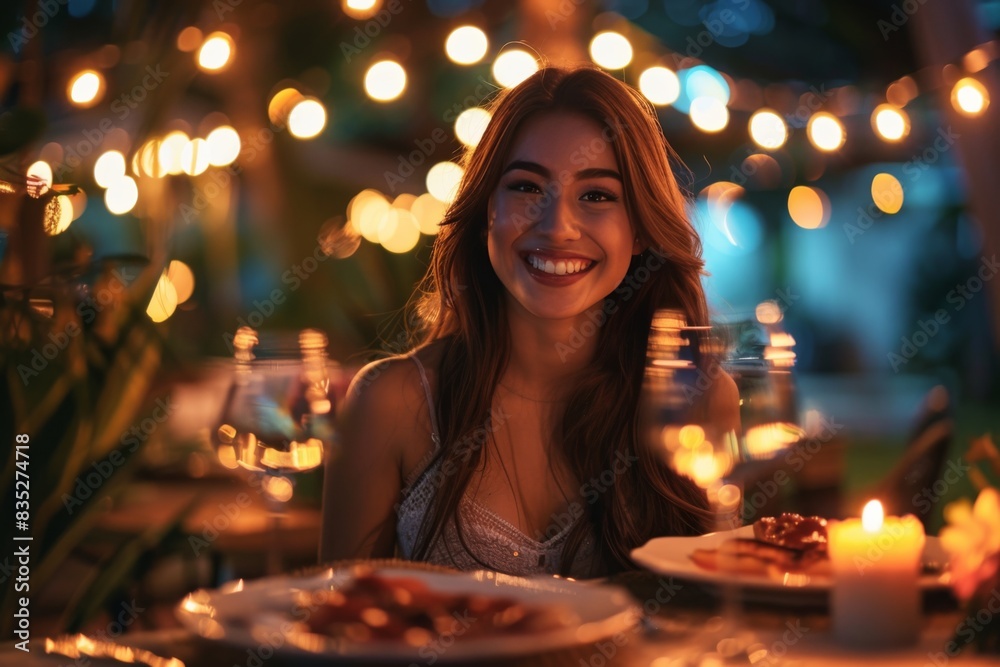 A joyous woman enjoying a dinner in an ambient setting illuminated by candlelight and twinkling lights A joyous woman enjoying a dinner in an ambient setting illuminated by candlelight and twinkling lights