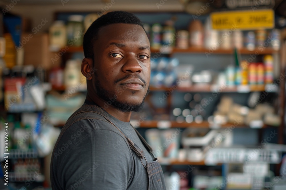 A portrait of a confident man standing proudly inside his local small business shop A portrait of a confident man standing proudly inside his local small business shop