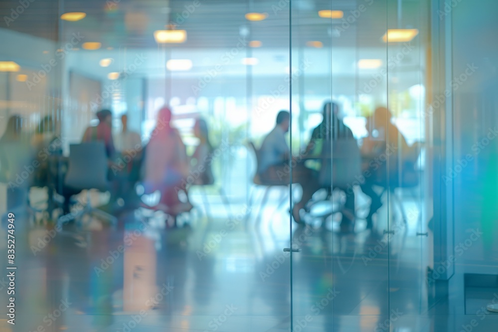 This image shows a blurred view of a professional meeting behind glass doors, giving a sense of privacy and corporate environment This image shows a blurred view of a professional meeting behind glass doors, giving a sense of privacy and corporate environment