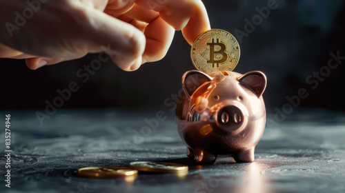 hand puts a coin into a piggy bank on a black background, money, cryptocurrency, bitcoin, accumulation, banking, gold, economy, hoard, savings, deposit, loan, figurine, fingers, person photo