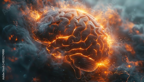 A visually striking image of a glowing brain, surrounded by mist and sparks, symbolizing creativity and intelligence.