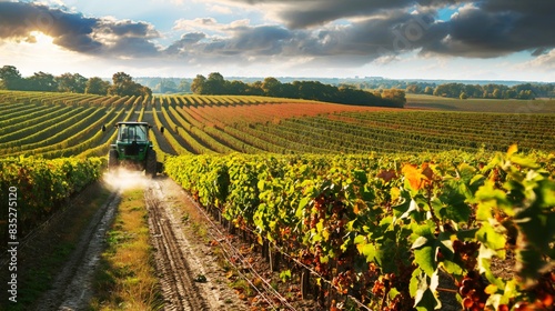 A tractor driving through rows of grapevines in a vineyard during sunset  with vibrant green and reddish foliage under a cloudy sky.