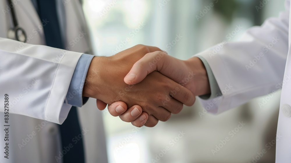 Close-up of two doctors in white coats shaking hands, symbolizing collaboration and partnership in healthcare. Close-up of two doctors in white coats shaking hands, symbolizing collaboration and partnership in healthcare.