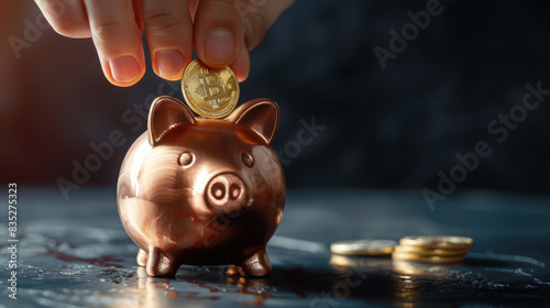 hand puts a coin into a piggy bank on a black background, money, cryptocurrency, bitcoin, accumulation, banking, gold, economy, hoard, savings, deposit, loan, figurine, fingers, person photo