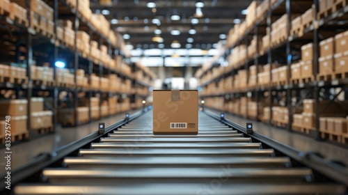 A cardboard package with a barcode label traveling on a conveyor belt inside a large, modern warehouse.  photo