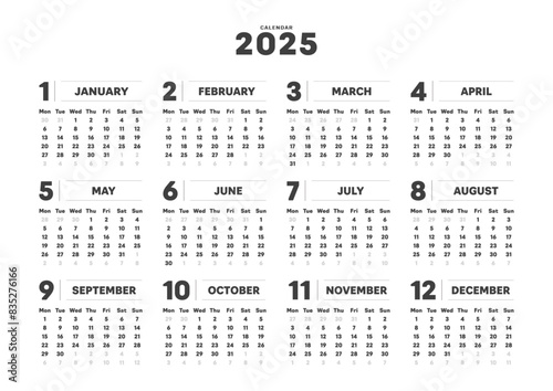 2025年のシンプルなデザインの年間カレンダー - 月曜始まり･12ヶ月･1年分の暦 - A判比率
