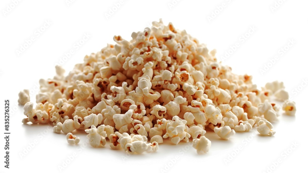 A pile of freshly popped popcorn against a white background, showcasing the texture and detail of the fluffy kernels. A pile of freshly popped popcorn against a white background, showcasing the texture and detail of the fluffy kernels.