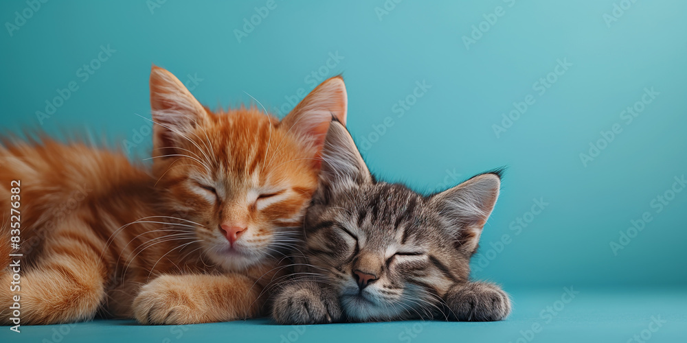Ginger tabby and grey tabby cat on a blue background. Vet clinic, Healthcare for pets. Taking care of dogs, cats and other pets in professional veterinary center.