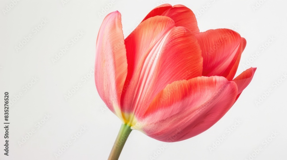 A single, vibrant coral tulip in full bloom, with its striking color highlighted against a white background A single, vibrant coral tulip in full bloom, with its striking color highlighted against a white background