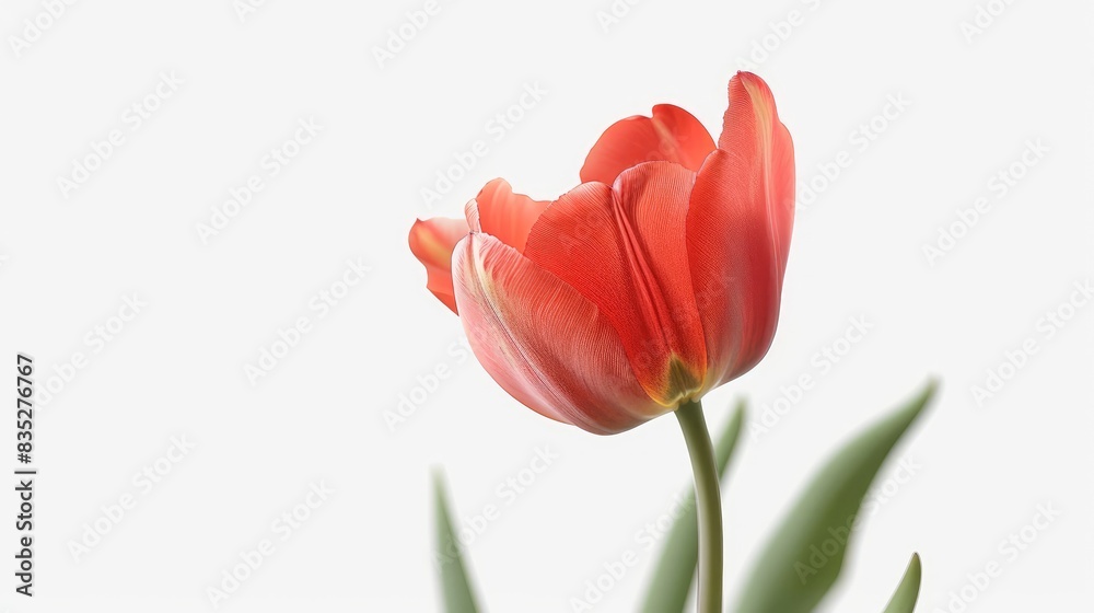 A single, vibrant coral tulip in full bloom, with its striking color highlighted against a white background