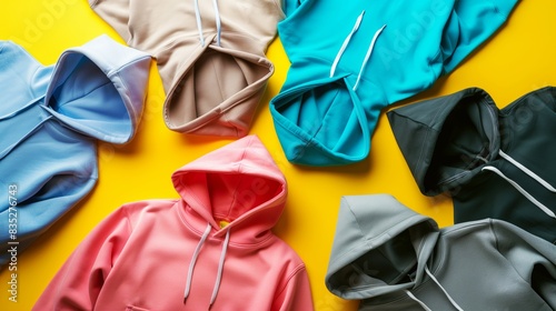 A vibrant assortment of hoodies in various colors arranged on a bright yellow background. The hoodies feature drawstrings and a comfortable, casual design. photo