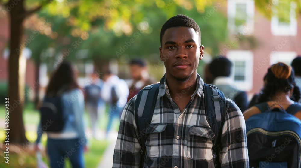 Young male student standing outdoors on a college campus with a backpack, looking at the camera. Other students are visible in the background. Young male student standing outdoors on a college campus with a backpack, looking at the camera. Other students are visible in the background.
