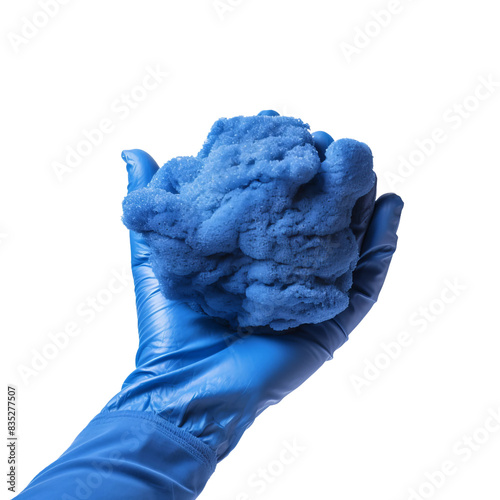 cleaner hand closeup holding a spond with a blue glove on an isolated white background photo