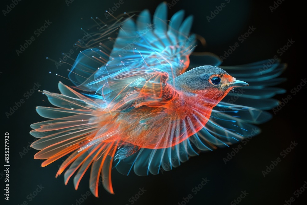 A bird with blue and red wings flying in the air A bird with blue and red wings flying in the air