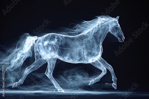 A horse is running through a misty, ethereal haze