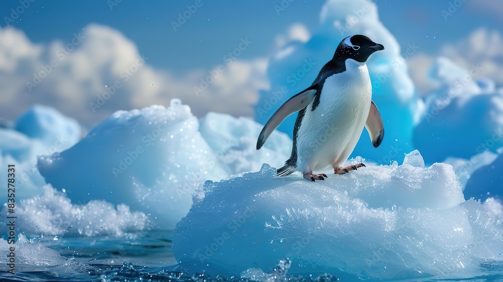 Obraz premium Amazing Adelie penguin (Pygoscelis adeliae) on blue ice berg, Graham Passage, Antarctic Peninsula