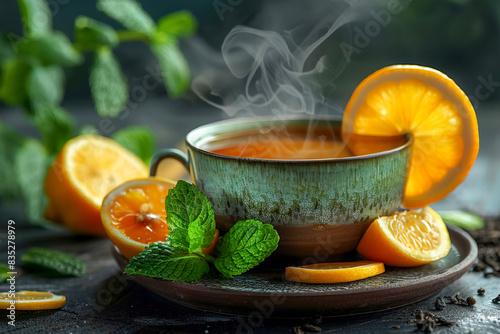A steaming cup of black tea with mint and lemon. 